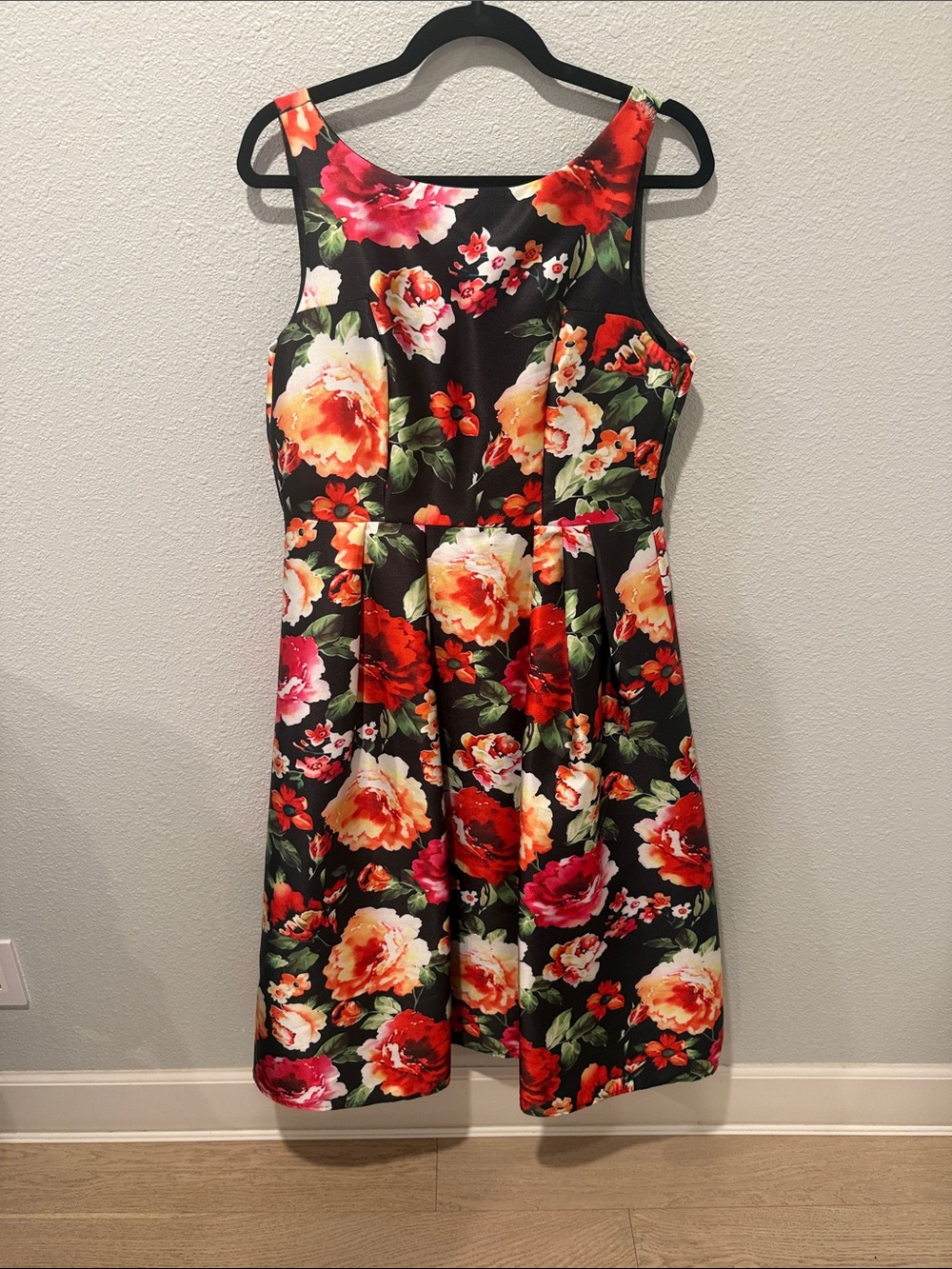 Chicwish Black Cocktail Midi Dress with Red, Pink & Cream Floral Print